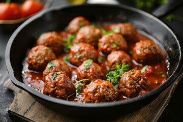 Fototapeta premium Tasty beef meatballs with spicy tomato sauce served in a skillet at a restaurant
