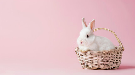 White fluffy rabbit sitting in basket weave on pink background with copy space for text
