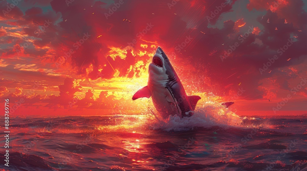 Poster shark leaping at sunset - generative ai