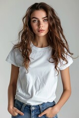 Fototapeta premium White tshirt mockup on woman model created with Generative AI