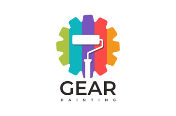 Gear Painting Bright Multicolor Gear Logo with Paint Roller Design for Creative Painting Services