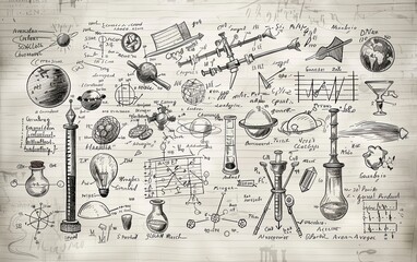 engraved hand drawn in old sketch and vintage style. scientific formulas and calculations in physics and mathematics, chemistry and biology or astronomy on whiteboard. Education and Science.