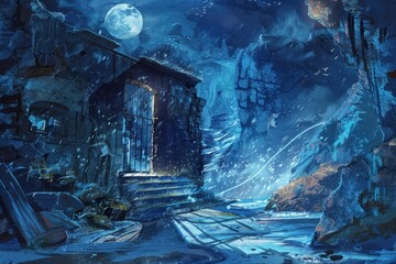 Mysterious castle entrance in a winter storm