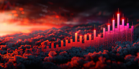 Fototapeta premium Abstract glowing candlestick forex chart with index and grid on dark background. Invest, trade, finance ans stock market concept. 3D Rendering.