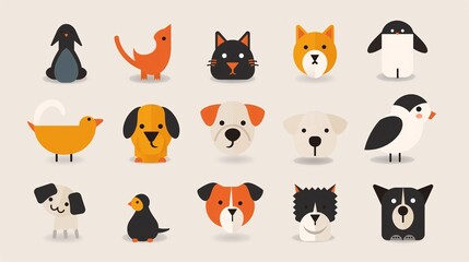 Naklejka premium Modern, flat design animal icons of cats, dogs, and birds with bold lines and bright colors