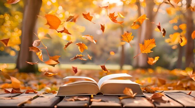 open book with failing autumn leaves 