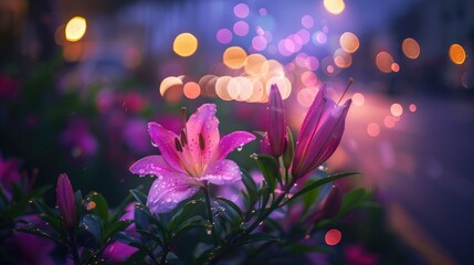 Blooming flowers with geometric light trails in the background