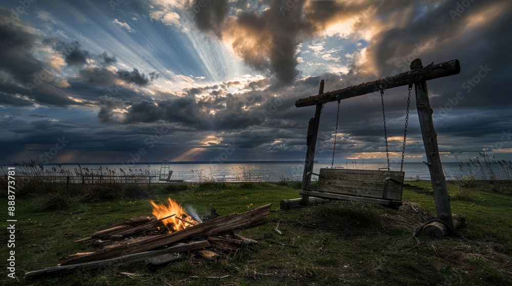 Sticker Campfire by the lake under a dramatic sky