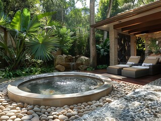Fototapeta premium A serene outdoor spa setting with a round hot tub surrounded by lush greenery and stone pebbles. Relaxing lounge chairs are placed nearby for ultimate comfort.