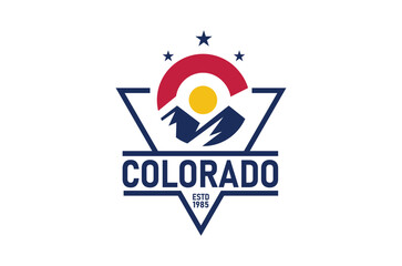 Colorado Logo with Mountain and Sun and Iconic with Stars Triangle Label Design Outdoor Landscape Logo