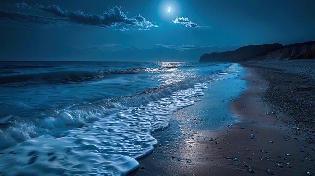 A moonlit beach with gentle waves lapping at the shore, tranquil and serene nature landscape