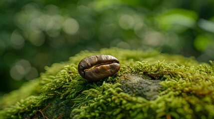 Obraz premium A coffee bean is sitting on a mossy rock