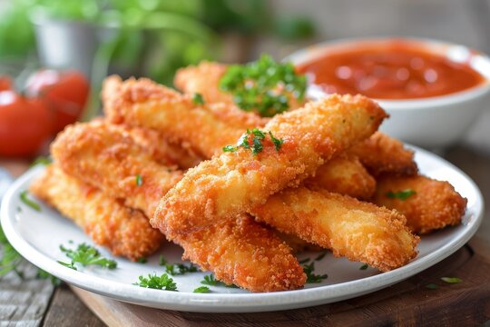 Tasty mozzarella sticks with marinara sauce