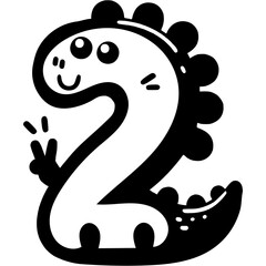 Obraz premium Number two, 2 in dinosaur style in monochrome. Simple minimalistic vector in black ink drawing on transparent background