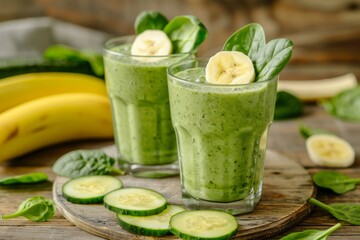 Tasty veggie smoothie made with spinach cucumber and banana