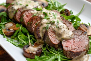 Tenderloin with creamy mushroom sauce and arugula salad