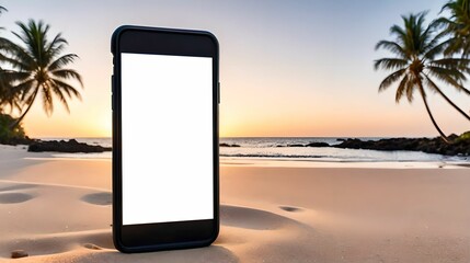 Phone against the backdrop of an evening summer landscape, palm trees, ocean, sandy shore.