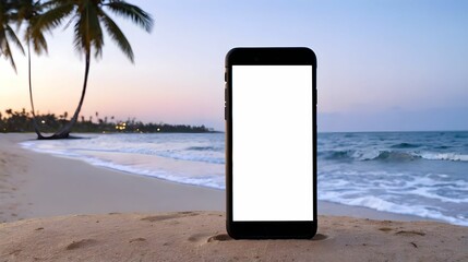 Phone against the backdrop of an evening summer landscape, palm trees, ocean, sandy shore.
