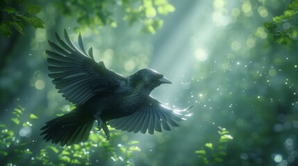 Obraz premium Black bird in enchanted forest - generative ai