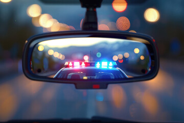 Police Car with Flashing Lights Seen in Rearview Mirror at Night