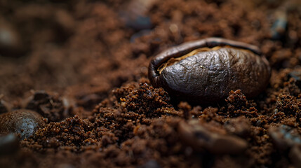 A coffee bean is sitting on the ground in a pile of dirt