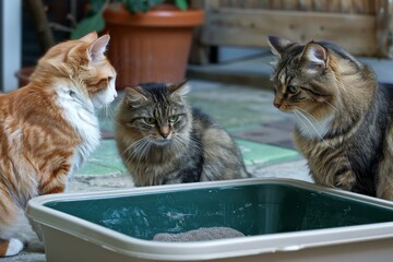 Three felines near a litter box