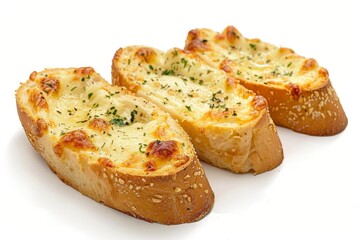 Three garlic cheese bread slices on white background