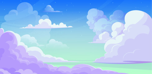 Fototapeta premium Anime style sky with clouds. Vector cartoon illustration of sunny morning skyline with beautiful cloudscape, heavenly background, fresh air, natural beauty, fantasy dream backdrop with color gradient
