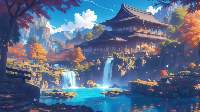 Anime style fantasy traditional Japanese house by the waterfall - Powered by Adobe