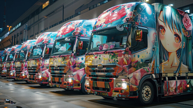 Anime style wrapped trucks modern style with anime girl sticker parked in a row