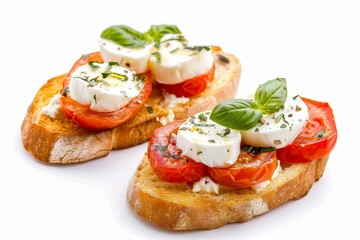 Tomato and buffalo mozzarella bruschetta isolated on white