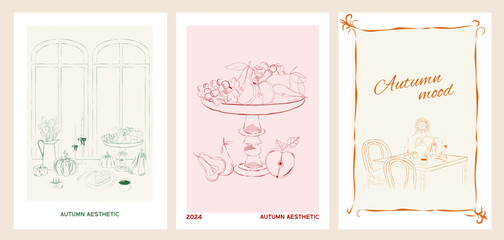 Collection of Slow living Fall posters. Food Poster template. Interior posters set. Editable vector illustration.