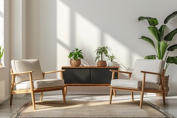 Scandinavian-Inspired Living Room with Wooden Armchairs, Gray Carpet, and Modern Decor Elements, Featuring Wall Poster and Potted Plants