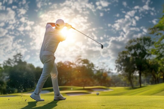 Golfer Swinging Club on Sunny Day
