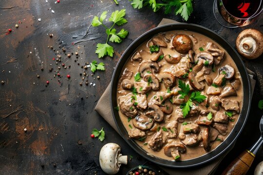 Top down photo of mushroom beef stroganoff in a frying pan on a dark rustic background with a glass of red wine