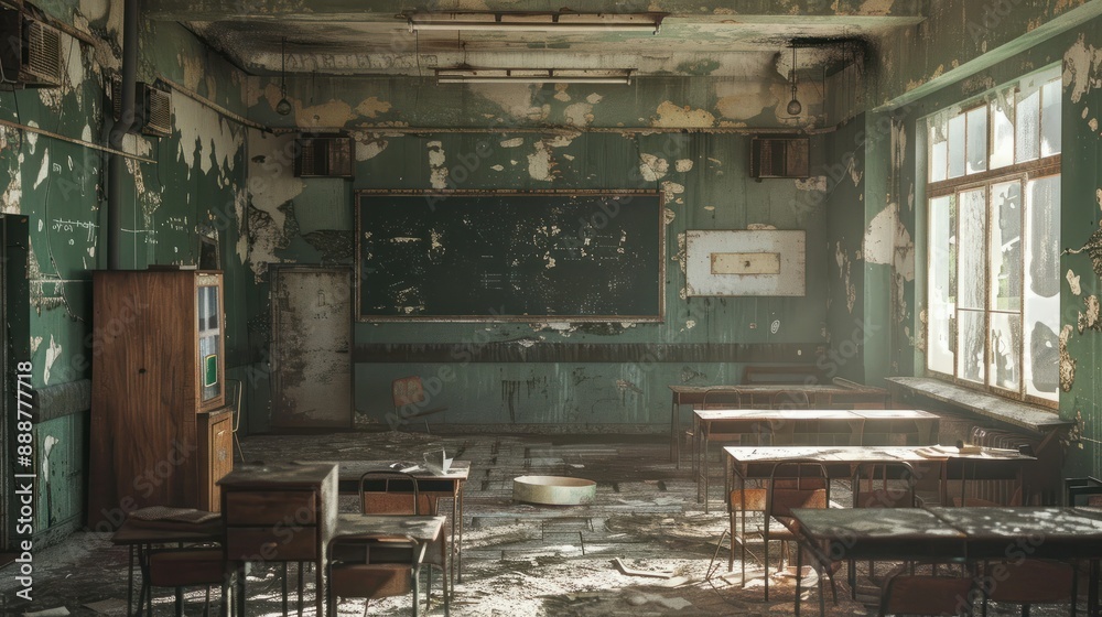 Wall mural a shabby and abandoned school classroom. the topic is the crisis of school education in poor countri