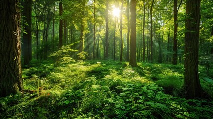 Obraz premium Lush green forest with sunlight filtering through the trees, vibrant ecosystem, nature landscape