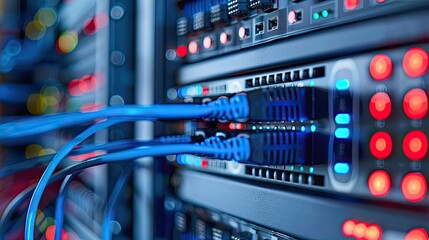 Network Server Rack with Blue Cables