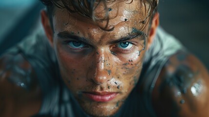 Close-up of a mud-splattered athlete with intense blue eyes, showcasing determination and grit in a challenging environment.
