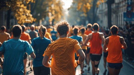 A large group of runners in colorful attire participating in a marathon, running through a sunlit urban street.