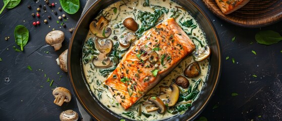 Top view of baked salmon florentine with creamy spinach mushrooms sauce on a dark background