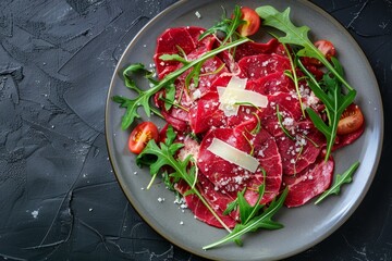 Top view of beef carpaccio with parmesan and arugula on black plate