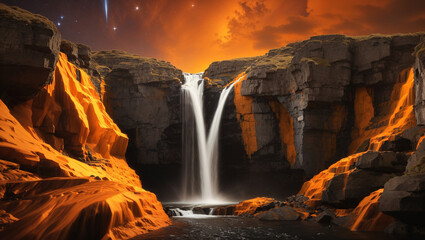 A large waterfall cascades down a cliff face into a pool of water. The sky above is a vibrant orange and yellow.