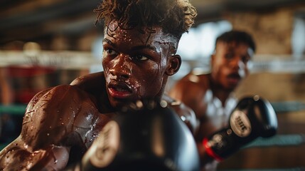 Obraz premium Boxers sparring in an intense match, showing determination, strength, and focus, with sweat and energy in a dynamic scene.