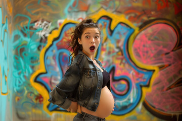 Fototapeta premium Pregnacy motherhood maternity problem concept. Shocked teenager school girl pregnant expecting baby over graffiti background with a happy face. Young mother with big belly taking selfie