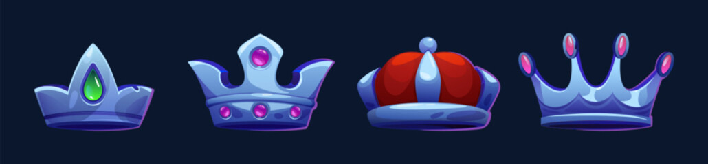 Silver royal crown with red pillow, pink and green gemstone for fairytale or game ui design. Cartoon vector illustration set of medieval jewel corona with precious diamonds. Precious majestic symbol. © klyaksun