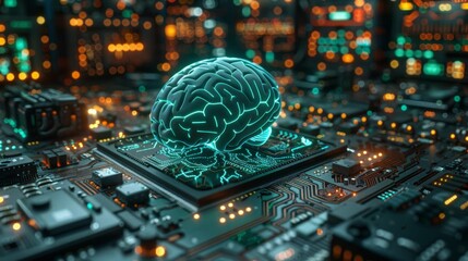 Neon brain on circuit board representing ai - generative ai