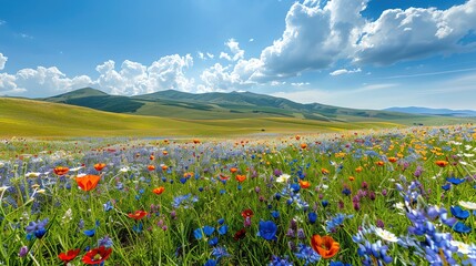 Rolling hills covered in wildflowers during spring, vibrant colors, nature landscape photography