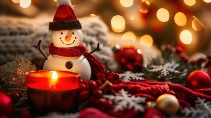 Obraz premium Snowman toy and christmas candle decoration. Christmas holidays and New Year concept. 
