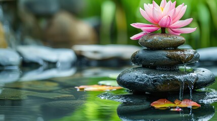 Pink orchids and black pyramid stones. Health background